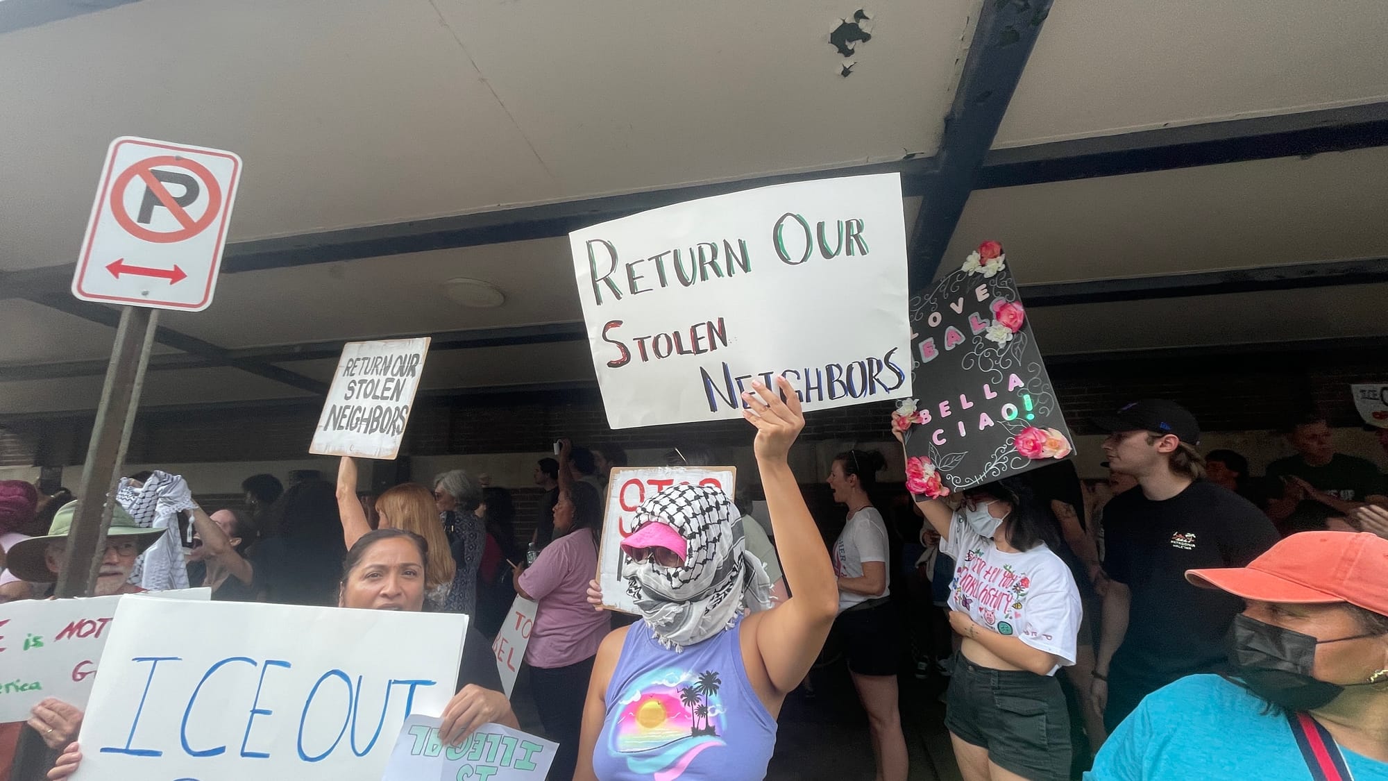 Residents gathered at a rally in Bethlehem on Thursday, June 12 to protest a federal immigration raid at the fire-damaged Fiv