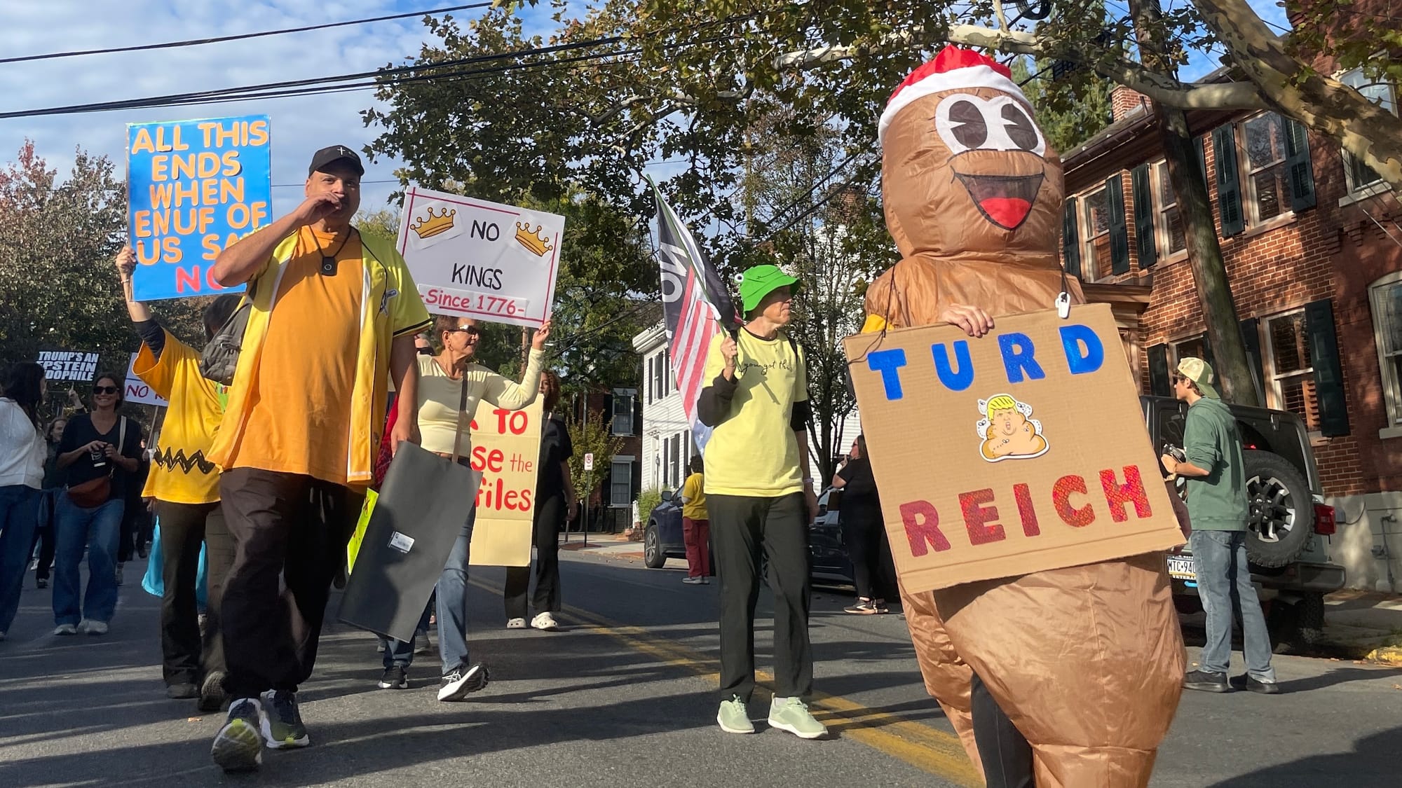 “No Kings” protesters in Bethlehem on Saturday, Oct. 18, 2025, filed into Rose Garden Park to share their disdain for Preside