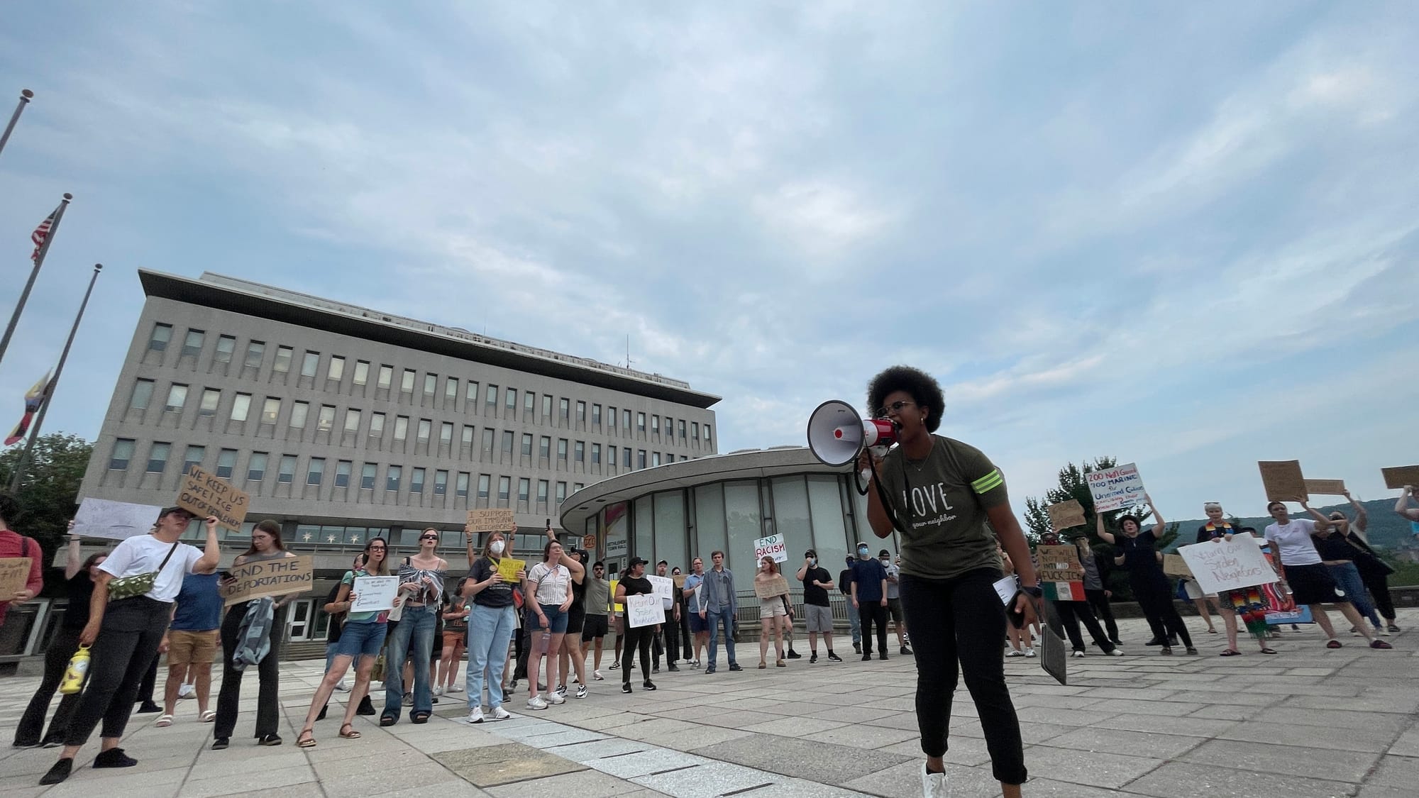 Residents gathered and spoke out at a rally in Bethlehem at City Hall on Thursday, June 12 to protest a federal immigration r
