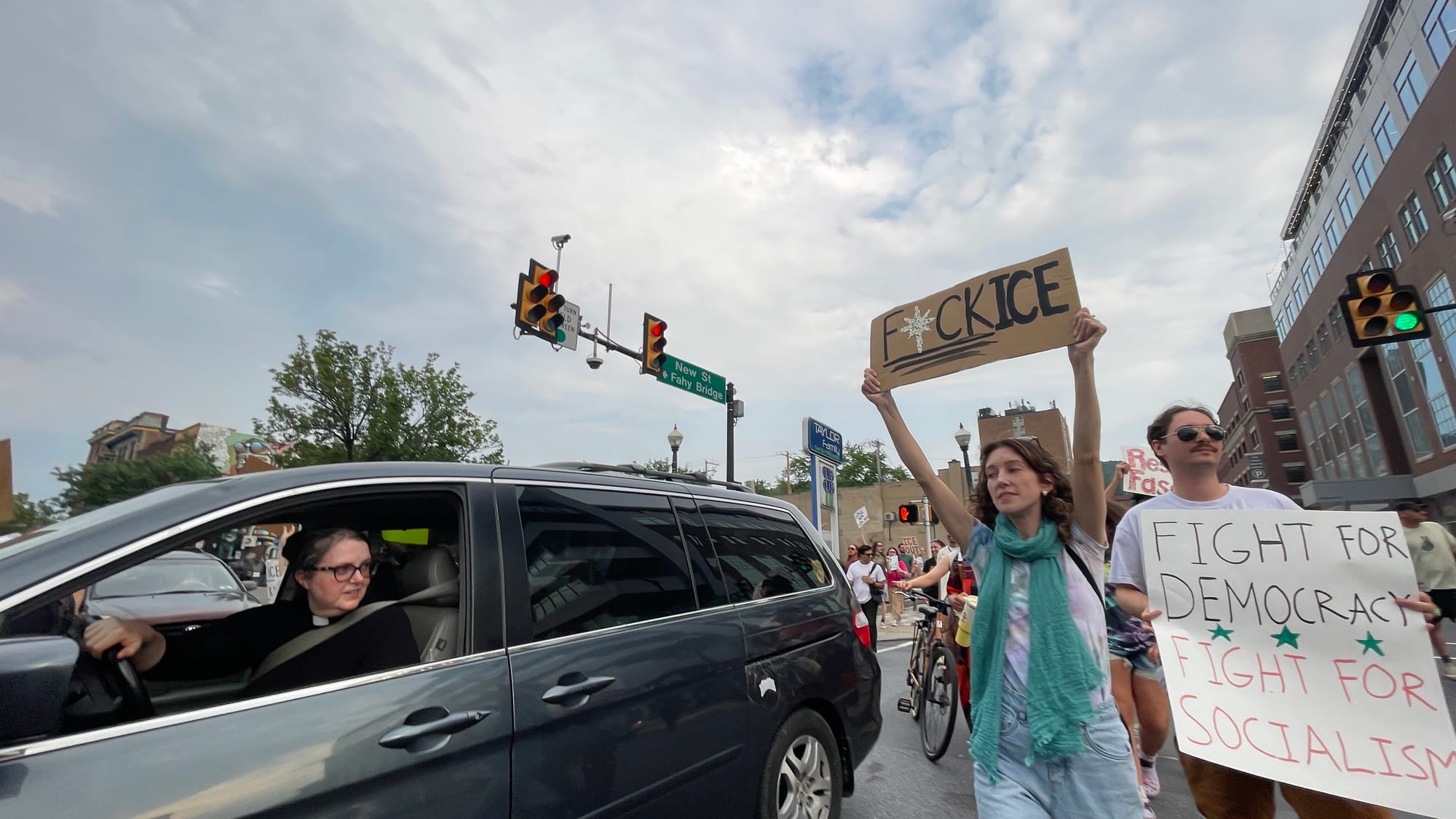Residents gathered at a rally in Bethlehem on Thursday, June 12 to protest a federal immigration raid at the fire-damaged Fiv