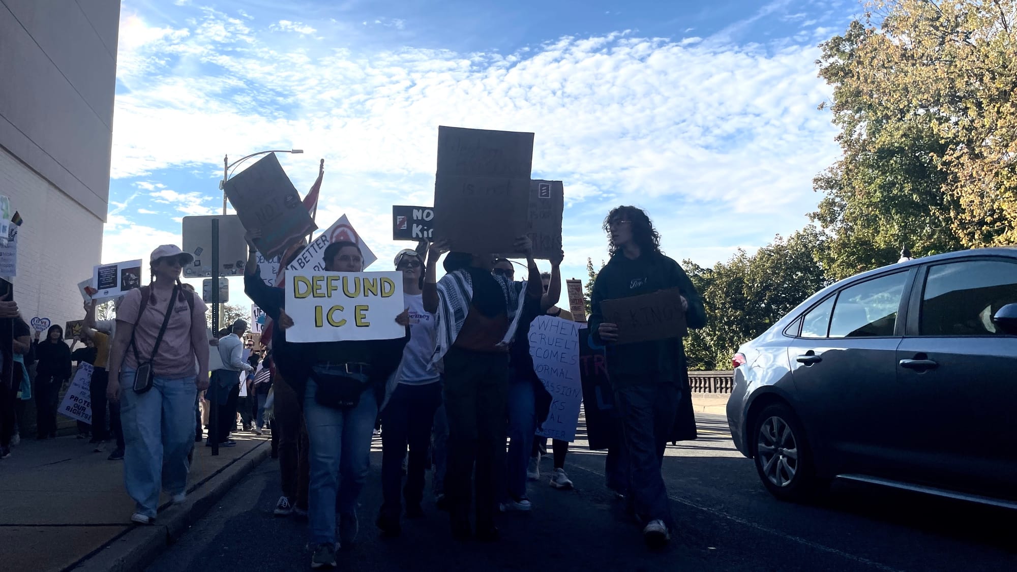 “No Kings” protesters in Bethlehem on Saturday, Oct. 18, 2025, filed into Rose Garden Park to share their disdain for Preside