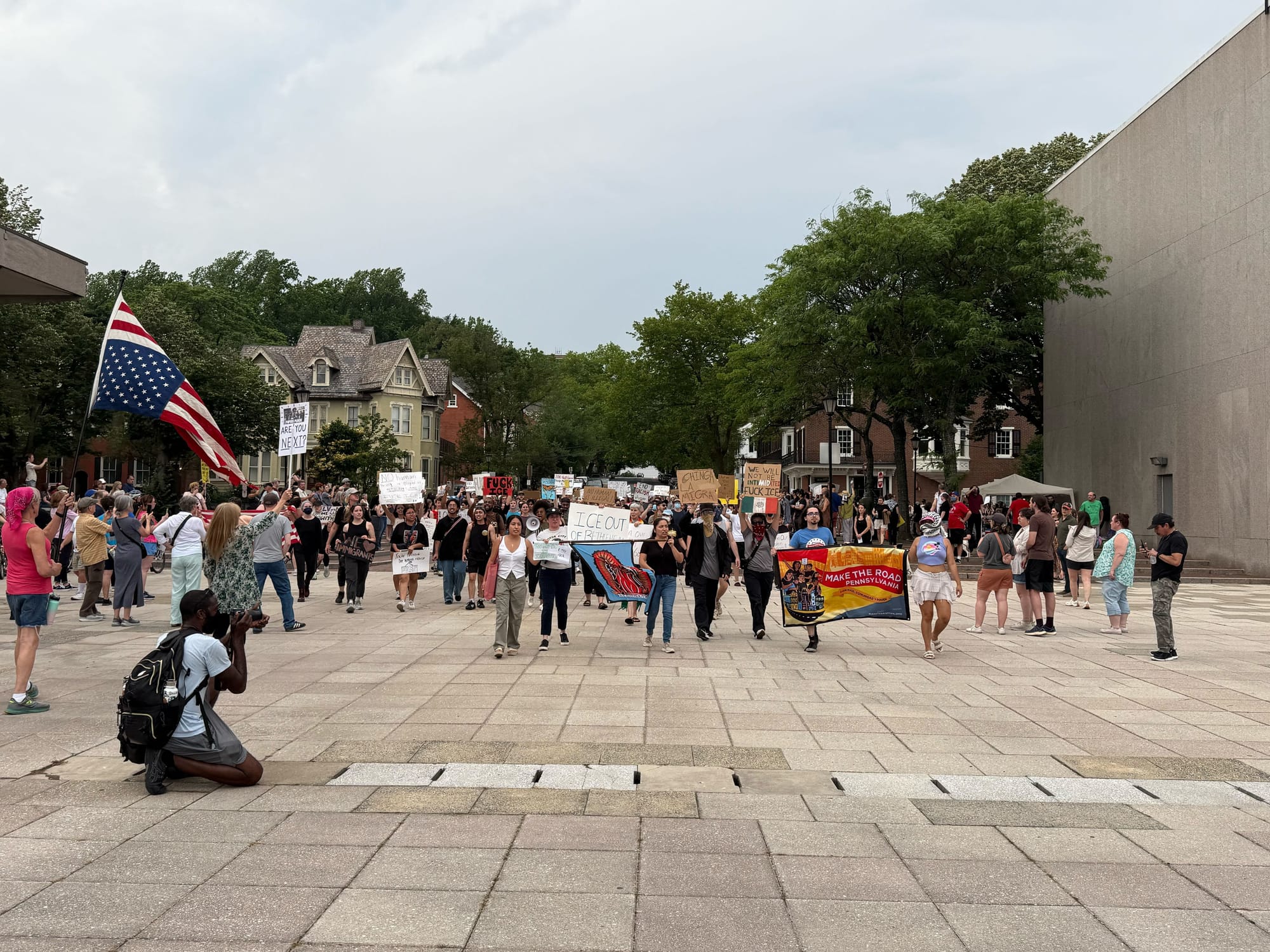 Residents gathered at a rally in Bethlehem on Thursday, June 12 to protest a federal immigration raid at the fire-damaged Fiv