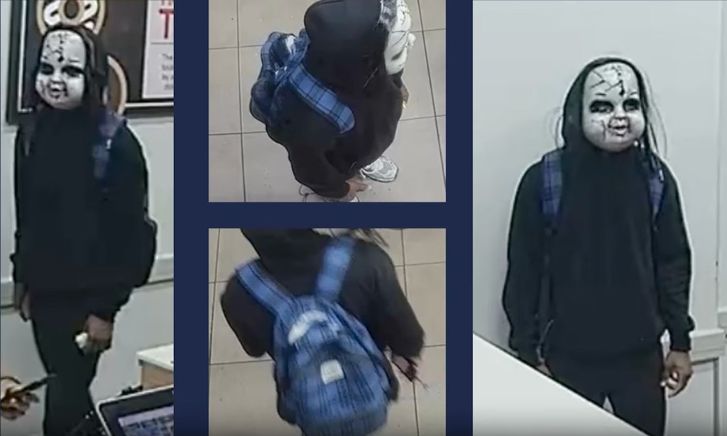 Collage of a suspect wearing a Chucky doll mask and a black hoodie with a blue backpack.