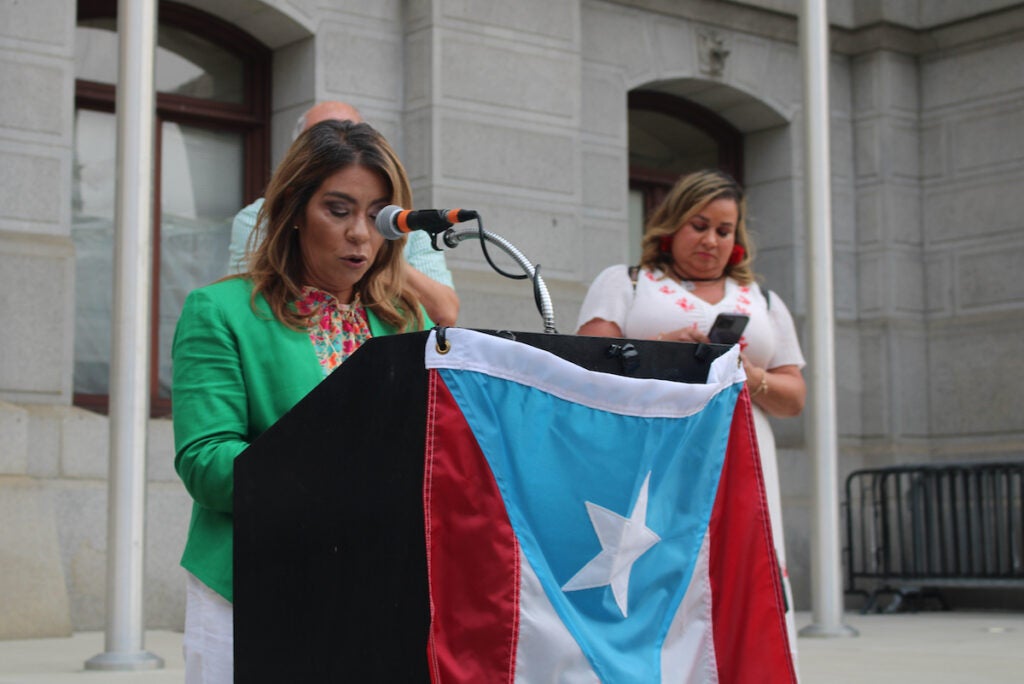 Philadelphia City Councilmember Quetcy Lozada speaks at a rally