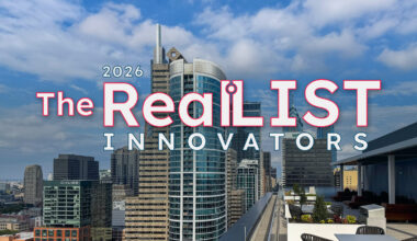 City skyline with modern high-rise buildings under a partly cloudy sky; text over image reads “2026 The RealLIST Innovators.” Rooftop terrace with empty tables and chairs in the foreground.