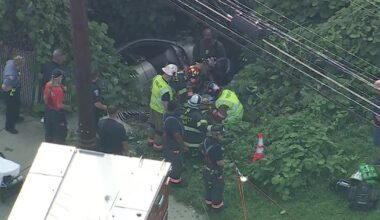 Car crashes, plunges into embankment along Chester Pike in Ridley Park
