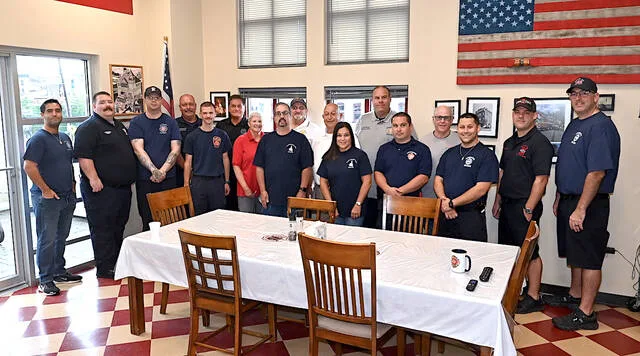 <p>First Responders participate in the annual 9-11 breakfast. From left: firefighter John Lombardo, firefighter Joe ‘Homer’ Corcoran, Pittston City Assistant Chief Mike Chernouskas, Laflin Assistant Chief Joe Boos, Laflin Chief Marc Malvizzi, Elaine Bell of Second Presbyterian, Jenkins Township Fire Chief Dan Kosisky, Clay Carmean of Second Presbyterian, Pittston Fire Chief Frank D Roman, Gail Doran of Second Presbyterian, Pittston Asst Chief John Ankenbrand, Jenkins Township Asssitant Chief Bryan Tonte, Pittston Twp. Fire Chief Allan Capozucca, Pittston City fire fighter Joe Chiumento, Pittston Township Fire Russ Searfoss, Pittston City Fire Frank Roman IV. </p>
<p>Tony Callaio | For Sunday Dispatch</p>