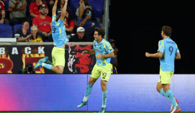 Philadelphia Union midfielder Indiana Vassilev (19) celebrates a goal by forward Milan Iloski (10) against the New York Red Bulls during the first half at Sports Illustrated Stadium.