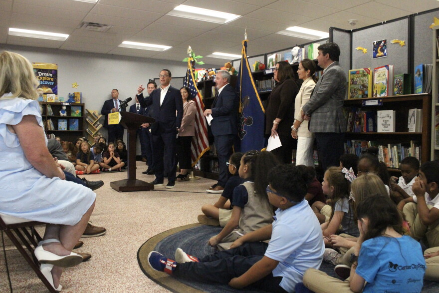 Neil Armstrong Elementary School students went to the library to hear Gov. Josh Shapiro speak.