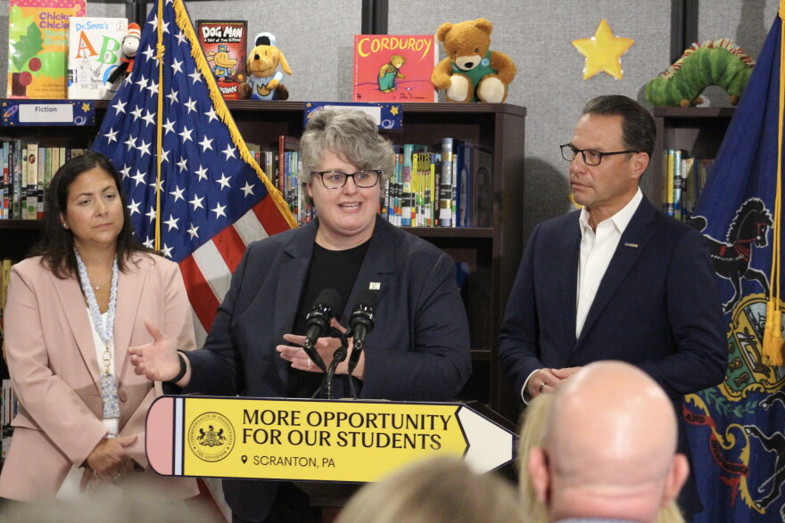 Carrie Rowe, Pennsylvania Department of Education Secretary, speaks at Neil Armstrong Elementary School.