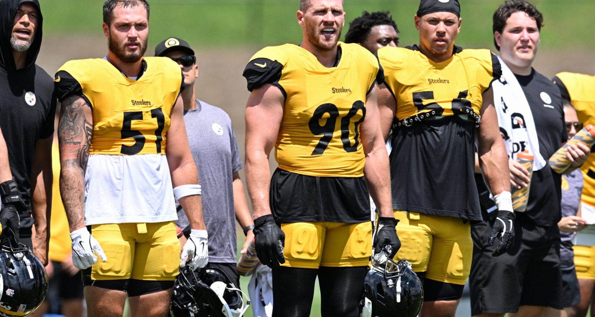 Aug 03, 2026; Latrobe, PA, USA; Pittsburgh Steelers linebackers Nick Herbig (51), T.J. Watt (90) and Alex Highsmith (56) participate in a practice session at Training camp at Saint Vincent College.
