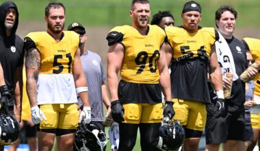 Aug 03, 2026; Latrobe, PA, USA; Pittsburgh Steelers linebackers Nick Herbig (51), T.J. Watt (90) and Alex Highsmith (56) participate in a practice session at Training camp at Saint Vincent College.