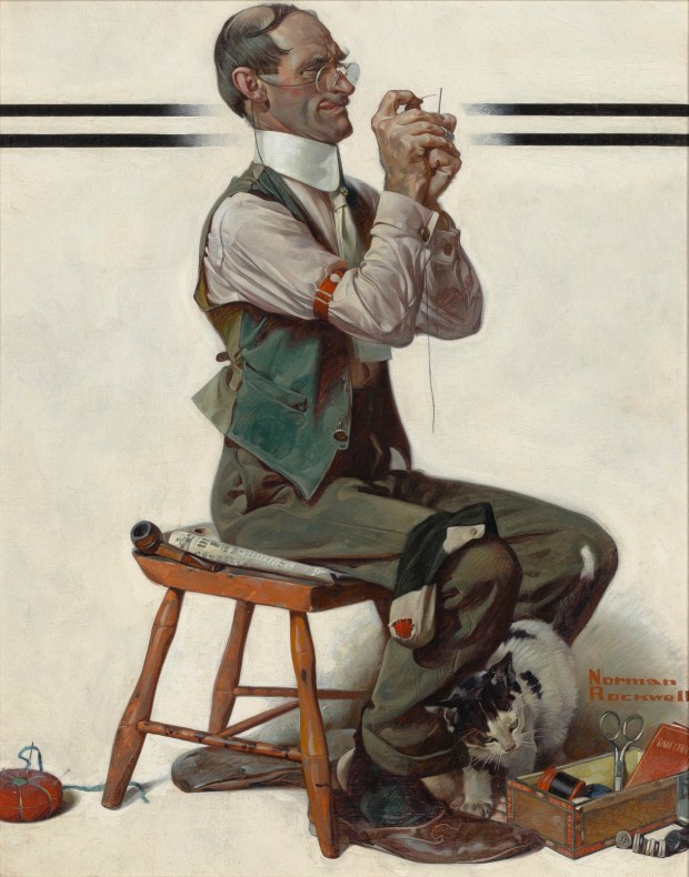 "Threading the Needle," oil on canvas by Norman Rockwell, was the cover of the Saturday Evening Post on April 8, 1922. (Copyright 2026 National Museum of American Illustration and the American Illustrators Gallery)