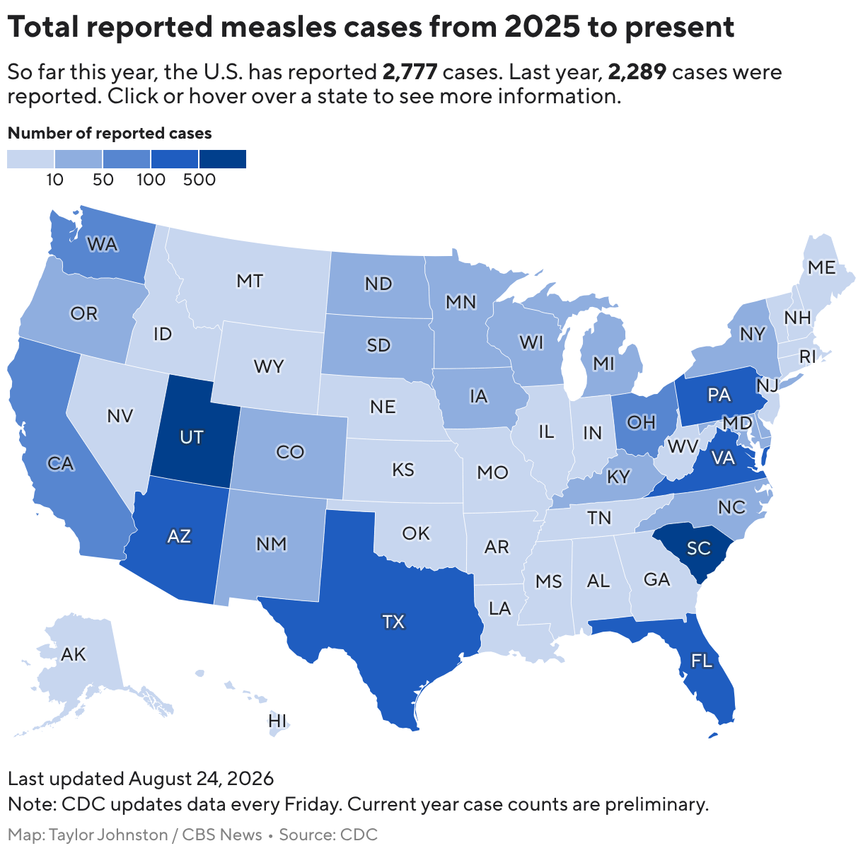 Total reported measles cases in 2026 (Choropleth map)