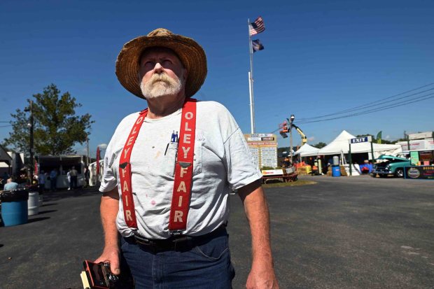 Steve Levan of Oley wears his Oley Fair suspenders. (BILL UHRICH/READING EAGLE)