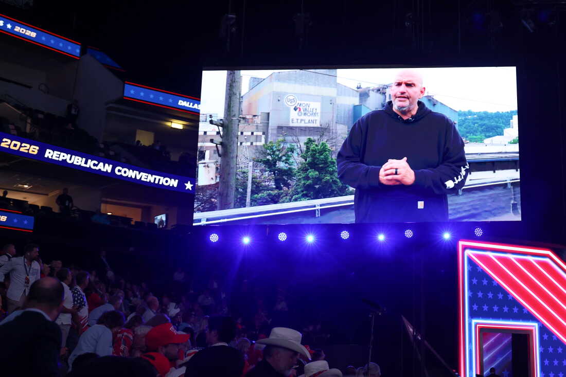 People watch as U.S. Sen. John Fetterman (D-PA) appears on a video to endorse U.S. Sen. David McCormick (R-PA) on the first day of the 2026 Republican National Convention on September 09, 2026 in Dallas, Texas. President Trump headlined the Republican National Committee's first-ever midterm convention as he aims to highlight his administration’s achievements and rally support for GOP candidates just two months before the upcoming elections.
