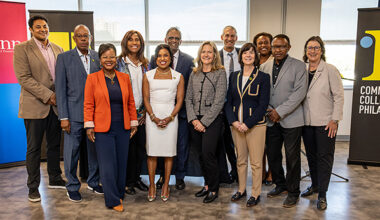 caption: (Left to right, first row) Renita Miller, Alycia Marshall, Kelly Jordan-Sciutto, Lisa Sanders, Glenn Bryan, and Mindy Posoff. (Second row) Chris Arlene, Harold T. Epps, Franne McNeal, Praveen Kosuri, Richard Perry, and Danielle Liautaud-Watkins at the Penn-CCP Entrepreneurship  Academy signing event on September 10. Photo by Elizabeth Field