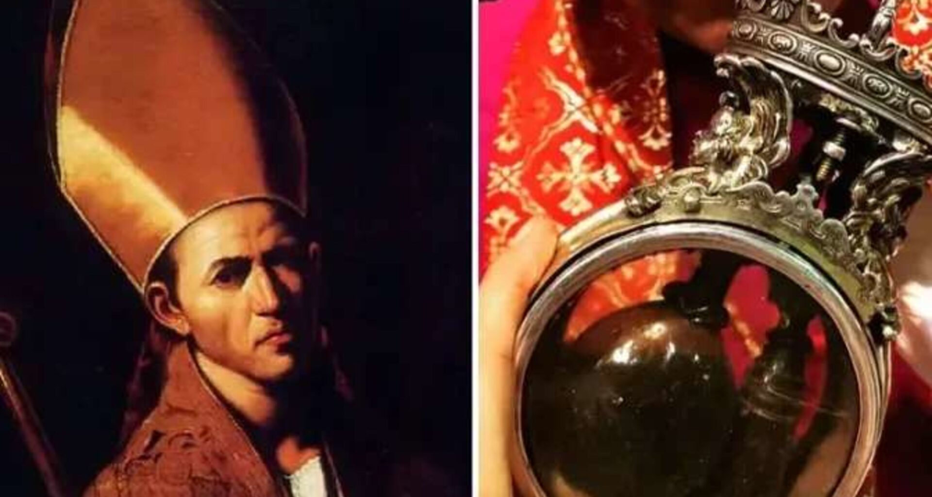 St. Januarius (left) and the relic of the blood of St. Januarius.
