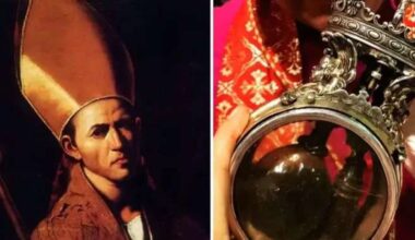 St. Januarius (left) and the relic of the blood of St. Januarius.
