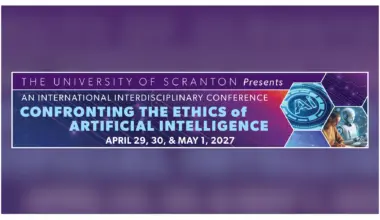 Banner for the University of Scranton’s international interdisciplinary conference “Confronting the Ethics of Artificial Intelligence,” with AI-themed graphics.