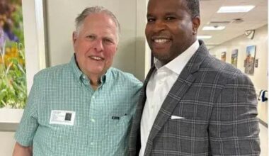 Patient Ken Moritz visits with Dr. Jeremy Rier weeks after his successful procedure. Courtesy of WellSpan.