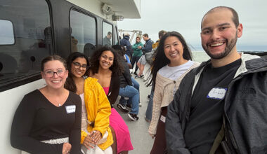 Students in the UToledo College of Medicine and Life Sciences pose on a boat in Lake Erie.