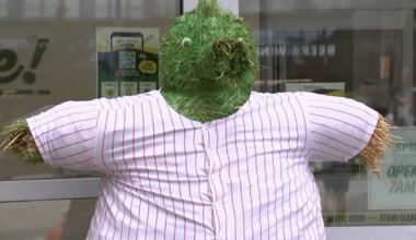 A hay-made Phillies Phanatic is turning heads outside Sprouts in South Philly