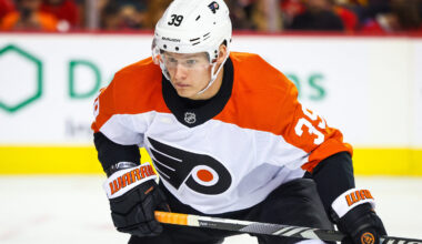 Oct 12, 2024; Calgary, Alberta, CAN; Philadelphia Flyers right wing Matvei Michkov (39) skates against the Calgary Flames during the third period at Scotiabank Saddledome. Mandatory Credit: Sergei Belski-Imagn Images