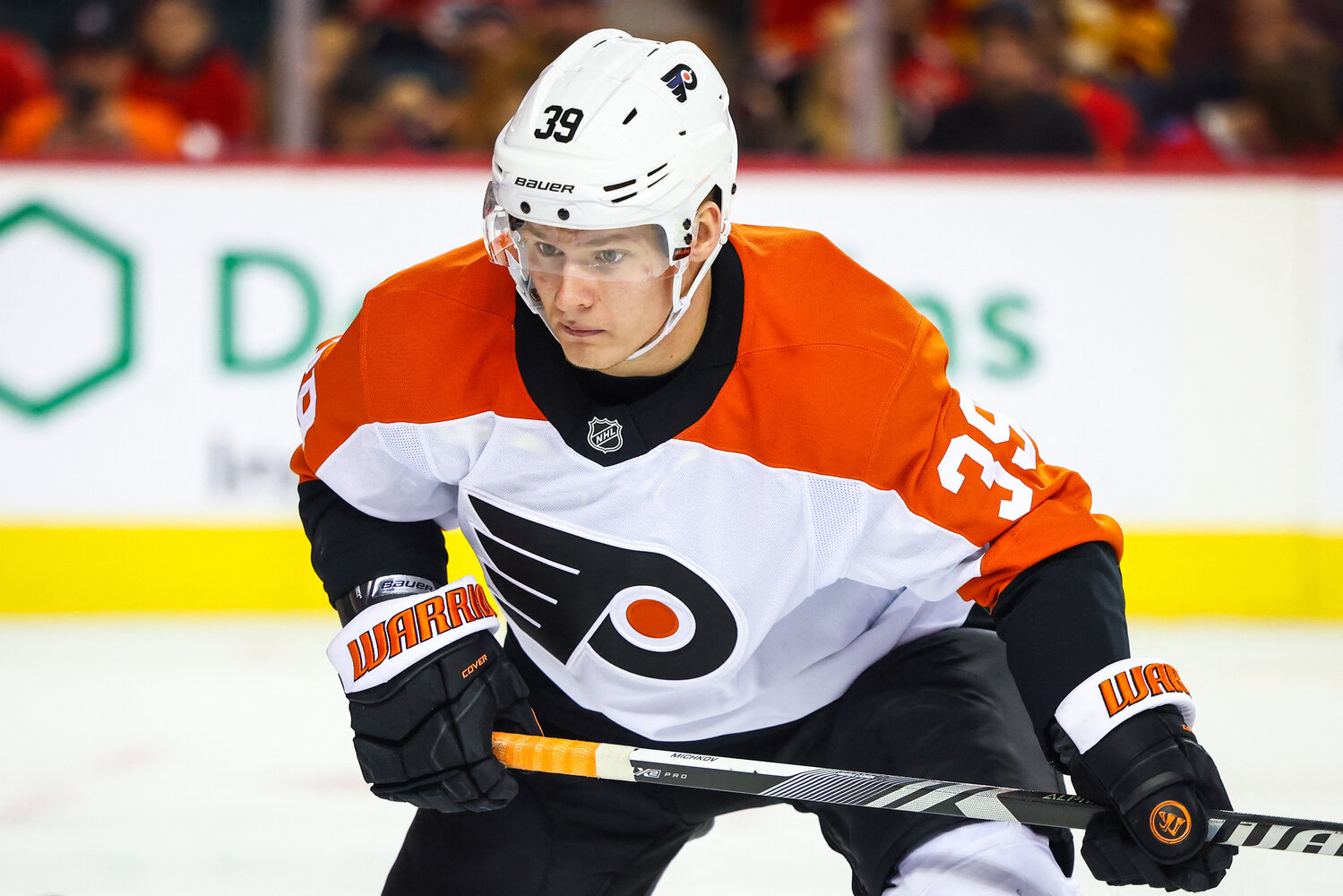 Oct 12, 2024; Calgary, Alberta, CAN; Philadelphia Flyers right wing Matvei Michkov (39) skates against the Calgary Flames during the third period at Scotiabank Saddledome. Mandatory Credit: Sergei Belski-Imagn Images