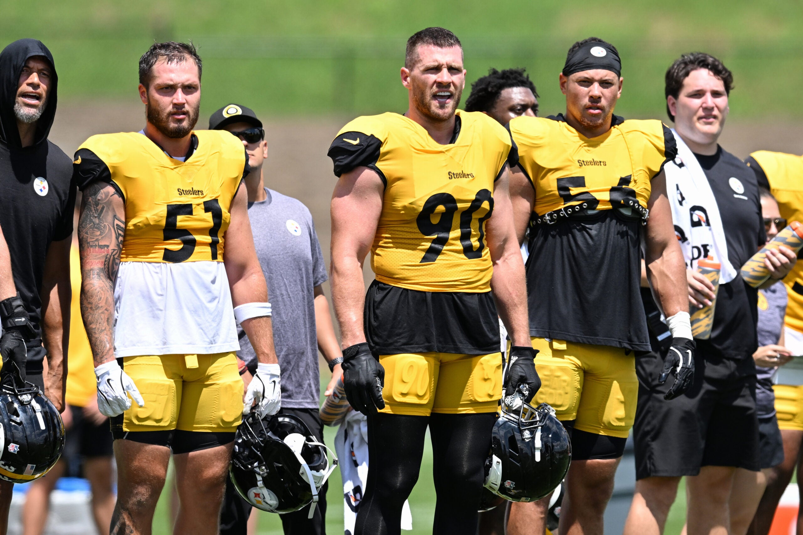 Aug 03, 2026; Latrobe, PA, USA; Pittsburgh Steelers linebackers Nick Herbig (51), T.J. Watt (90) and Alex Highsmith (56) participate in a practice session at Training camp at Saint Vincent College.