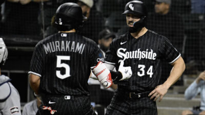 Sep 17, 2026; Chicago, Illinois, USA; Chicago White Sox first baseman Munetaka Murakami (5) celebrates with designated hitter Randal Grichuk (34) after they score on his three run home run during the first inning against the Detroit Tigers at Rate Field.