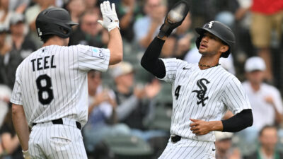 Sep 19, 2026; Chicago, Illinois, USA; Chicago White Sox right fielder Braden Montgomery (24) celebrates with catcher Kyle Teel (8) after scoring against the Detroit Tigers during the fifth inning at Rate Field.
