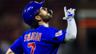 Sep 19, 2026; Cincinnati, Ohio, USA; Chicago Cubs shortstop Dansby Swanson (7) reacts after hitting a solo home run in the ninth inning against the Cincinnati Reds at Great American Ball Park.