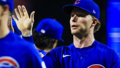 Sep 19, 2026; Cincinnati, Ohio, USA; Chicago Cubs outfielder Pete Crow-Armstrong (4) high fives teammates after the victory over the Cincinnati Reds at Great American Ball Park.
