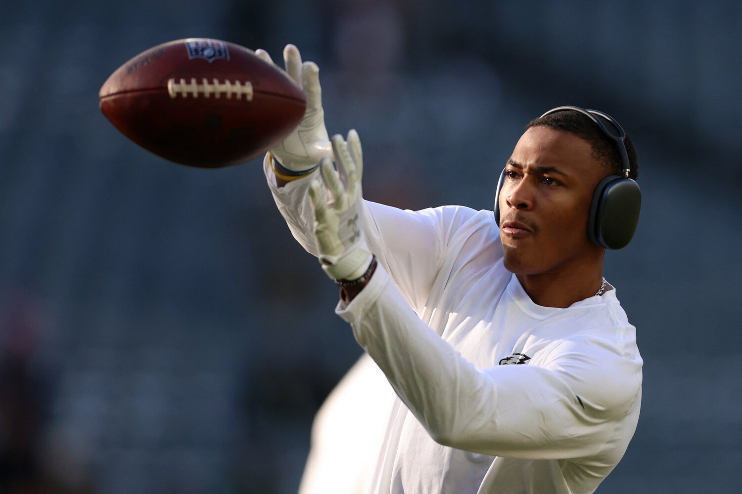 Jan 11, 2026; Philadelphia, PA, USA; Philadelphia Eagles wide receiver DeVonta Smith (6) warms up prior to in an NFC Wild Card Round game against the San Francisco 49ers at Lincoln Financial Field. Mandatory Credit: Bill Streicher-Imagn Images