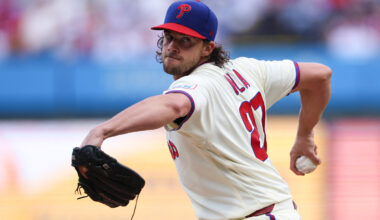 Philadelphia Phillies pitcher Aaron Nola (27) throws a pitch against the Atlanta Braves during the first inning at Citizens Bank Park.