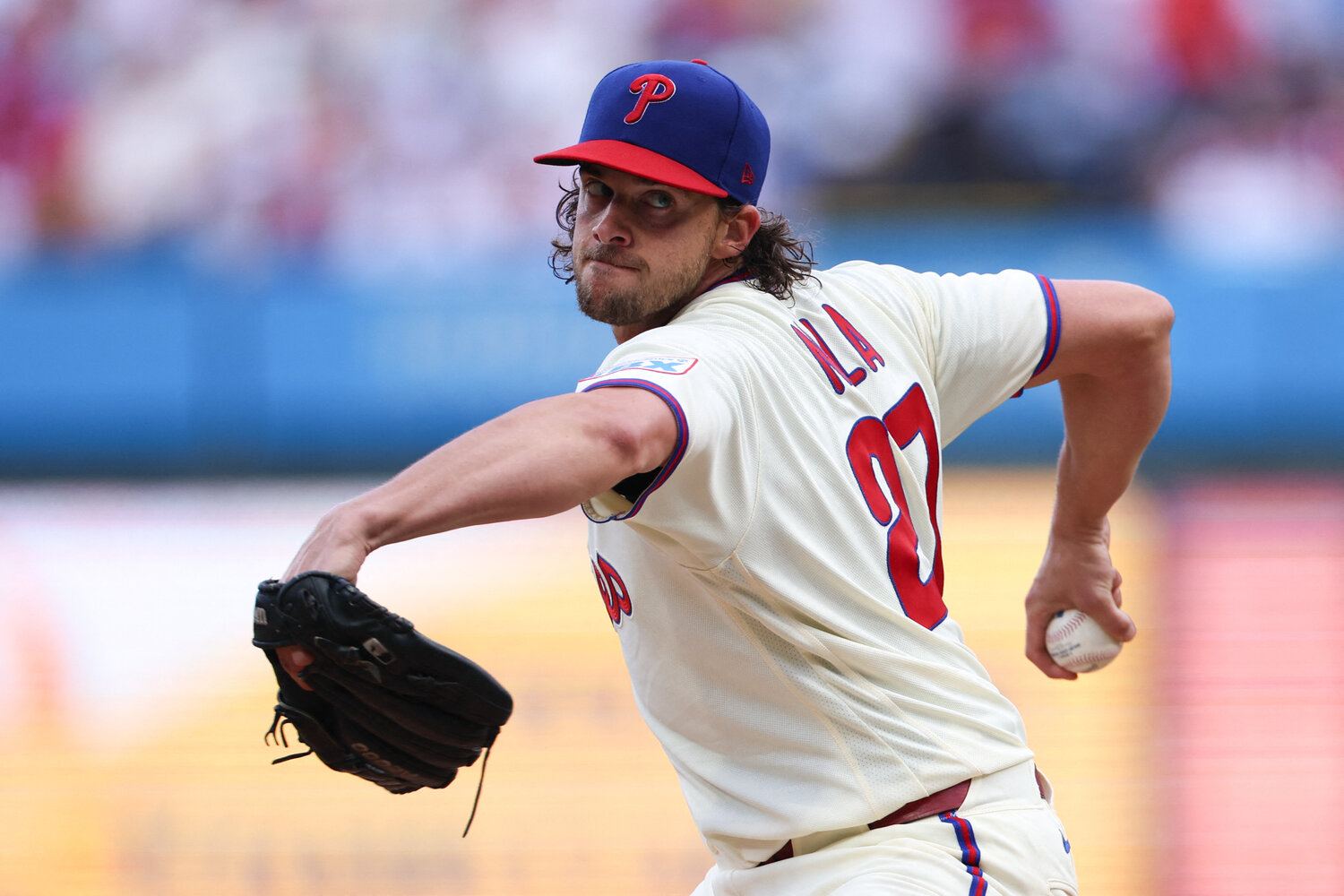 Philadelphia Phillies pitcher Aaron Nola (27) throws a pitch against the Atlanta Braves during the first inning at Citizens Bank Park.