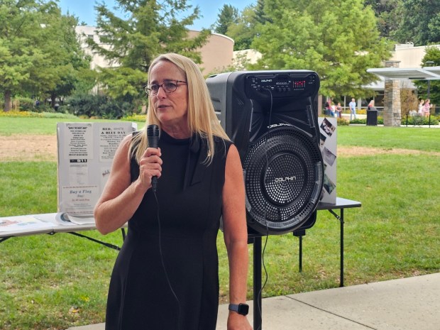 State Rep. Jacklyn Rusnock reflected on the national unity that followed the Sept. 11 attacks. during a ceremony Friday at granite memorial on the campus of Penn State Berks. (MICHELLE LYNCH/READING EAGLE)
