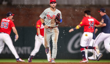 Philadelphia Phillies shortstop Trea Turner (7) runs off the field after a walk-off double by Atlanta Braves designated hitter Drake Baldwin (30) in the eleventh inning at Truist Park.
