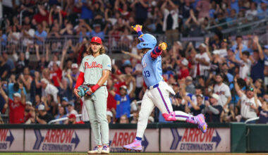 Atlanta Braves right fielder Ronald Acuna Jr. (13) celebrates hitting a home run against the Philadelphia Phillies during the fourth inning at Truist Park.