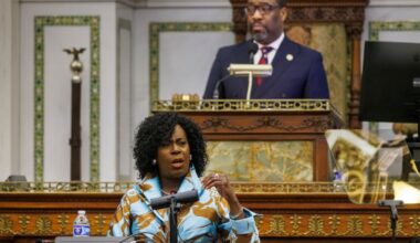 Philadelphia Mayor Cherelle L. Parker gave her budget presentation to City Council in Council Chambers on March 12. In the background is Council President Kenyatta Johnson.