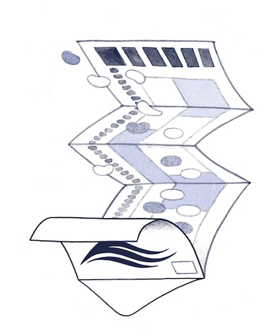 An illustration of a mail in ballot and envelope on a white background.