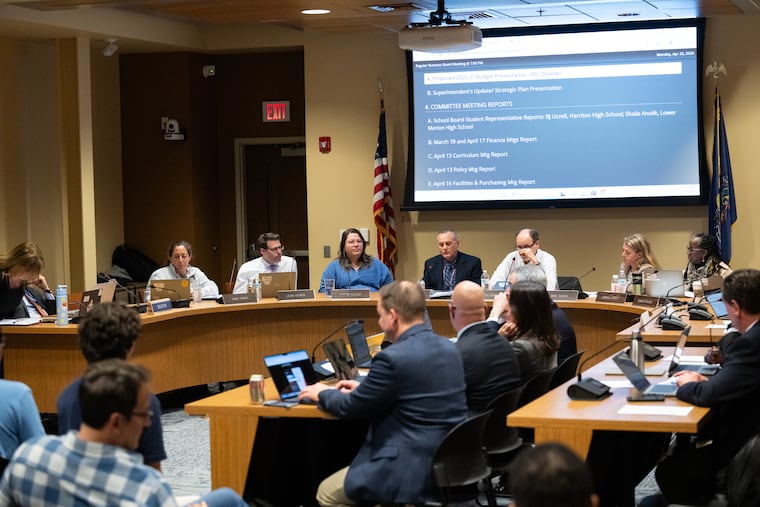 The Lower Merion school board pictured during an April 2026 meeting at the district administration building.