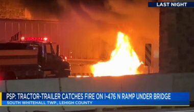 Tractor-trailer severely damaged after brakes catch fire on I-476 Northbound | Lehigh County