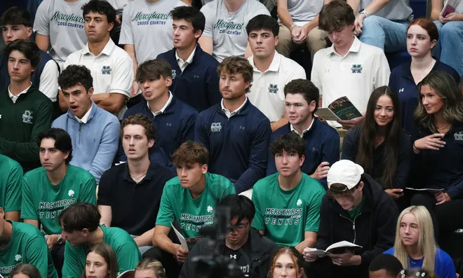 Mercyhurst University students attend a Centennial Mass inside the Mercyhurst Athletic Center in Erie, Pa., on Sept. 24, 2026. Mercyhurst College was founded by Mother Borgia Egan and the Sisters of Mercy in Erie, who trace their heritage to Dublin, Ireland. Mercyhurst opened to women in September of 1926.