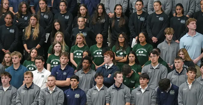 Mercyhurst University students attend a Centennial Mass inside the Mercyhurst Athletic Center in Erie, Pa., on Sept. 24, 2026. Mercyhurst College was founded by Mother Borgia Egan and the Sisters of Mercy in Erie, who trace their heritage to Dublin, Ireland. Mercyhurst opened to women in September of 1926.