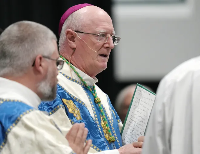 The Most Rev. Dermot Farrell, the archbishop of Dublin, welcomes guests to the Mercyhurst University Centennial Mass inside the Mercyhurst Athletic Center in Erie, Pa., on Sept. 24, 2026. Mercyhurst College was founded by Mother Borgia Egan and the Sisters of Mercy in Erie, who trace their heritage to Dublin, Ireland. Mercyhurst opened to women in September of 1926.