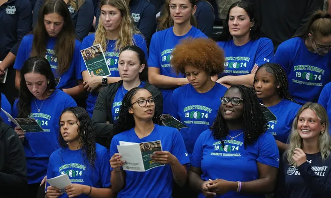 Mercyhurst University students attend a Centennial Mass inside the Mercyhurst Athletic Center in Erie, Pa., on Sept. 24, 2026. Mercyhurst College was founded by Mother Borgia Egan and the Sisters of Mercy in Erie, who trace their heritage to Dublin, Ireland. Mercyhurst opened to women in September of 1926.