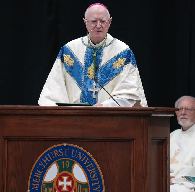 The Most Rev. Dermot Farrell, the archbishop of Dublin, welcomes guests to the Mercyhurst University Centennial Mass inside the Mercyhurst Athletic Center in Erie, Pa., on Sept. 24, 2026. Mercyhurst College was founded by Mother Borgia Egan and the Sisters of Mercy in Erie, who trace their heritage to Dublin, Ireland. Mercyhurst opened to women in September of 1926.