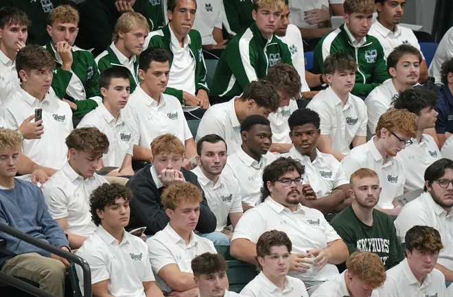 Mercyhurst University students attend a Centennial Mass inside the Mercyhurst Athletic Center in Erie, Pa., on Sept. 24, 2026. Mercyhurst College was founded by Mother Borgia Egan and the Sisters of Mercy in Erie, who trace their heritage to Dublin, Ireland. Mercyhurst opened to women in September of 1926.